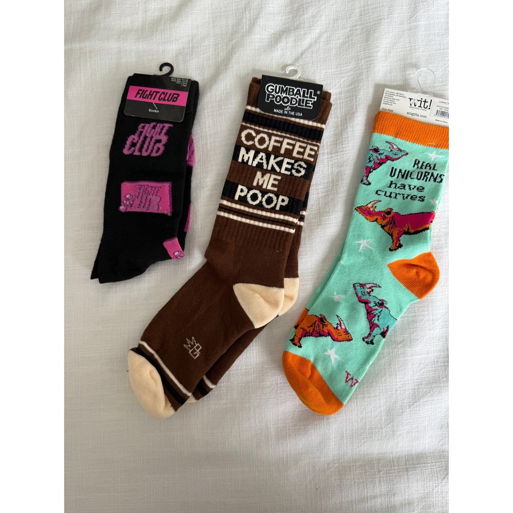 Novelty Sock‎ Bundle Fight Club Gumball Poodle Coffee Wit! Unicorn Rhino 3 Pairs